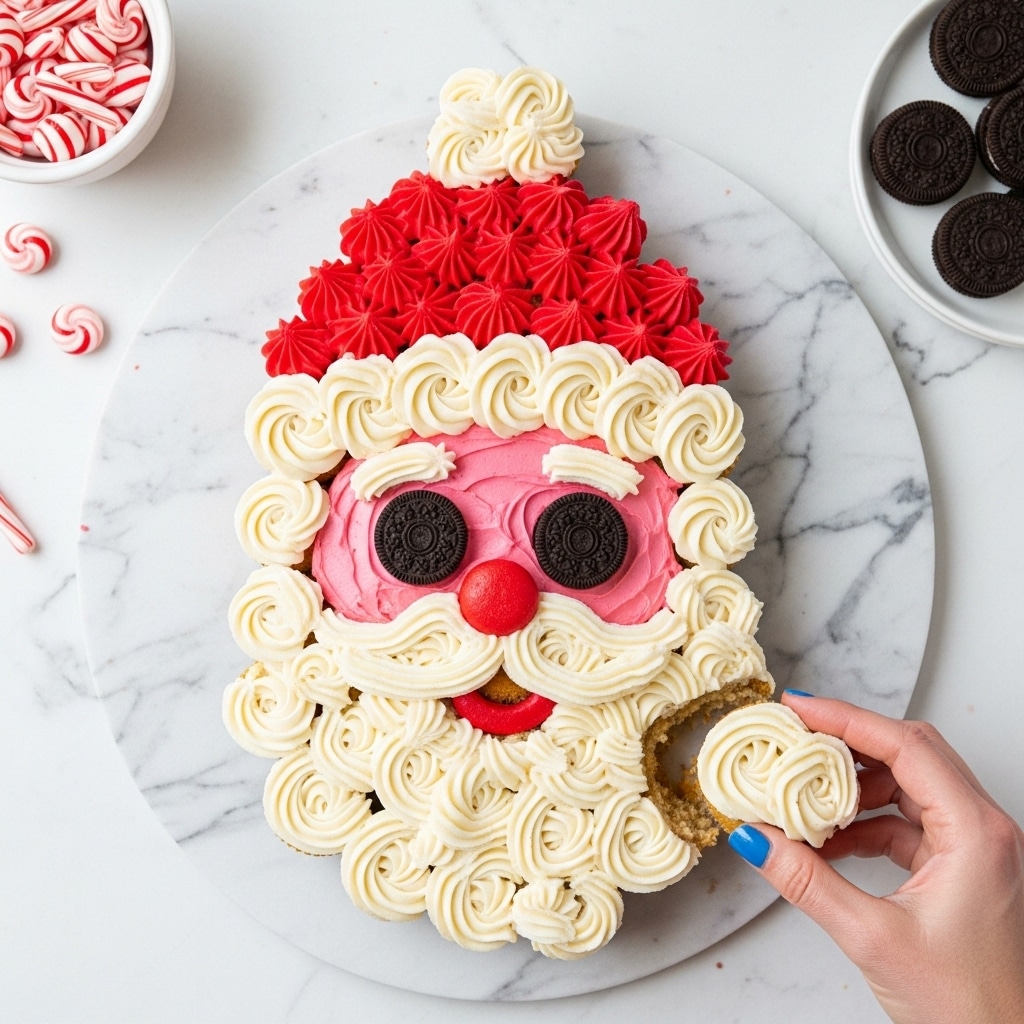 A cupcake cake shaped like Santa Claus is shown on a white marbled surface. The cake has three main parts: the top hat made of red frosting swirls, the face with smooth pink frosting, and the beard with large creamy white frosting swirls. Santa’s eyes are made of two black sandwich cookies, eyebrows and mouth are white frosting lines, and the nose is a small red candy piece. Two small candy canes form the glasses around the eyes. The base cupcakes are all covered with creamy white frosting swirls to form the beard and hat trim. A woman's hand with blue nail polish is pulling a cupcake from the bottom right area of the cake. In the background are a white bowl with several small candy canes and a white plate with black sandwich cookies. Photo taken with an iphone --ar 4:5 --v 7