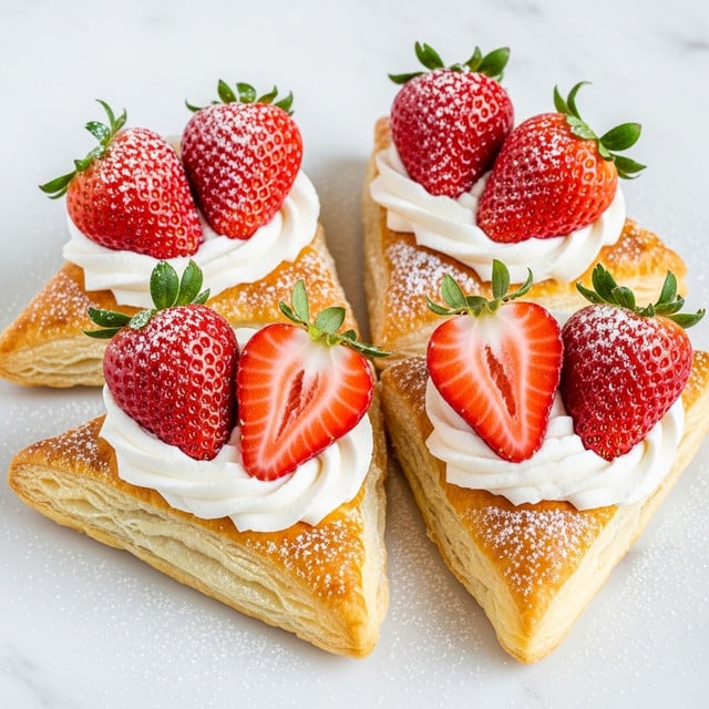The image shows four triangular puff pastry pieces arranged in a group on a white marbled surface. Each puff pastry has multiple golden-brown, flaky layers visible from the side. On top of each triangle, there is a swirl of white whipped cream, smooth and slightly glossy. Each swirl is topped with bright red strawberries, two whole strawberries on two pastries and cut strawberry halves on the other two. Some strawberries have green leaves still attached. A light dusting of white powdered sugar is sprinkled over the pastries, whipped cream, and strawberries, adding a delicate snowy touch. Photo taken with an iphone --ar 4:5 --v 7