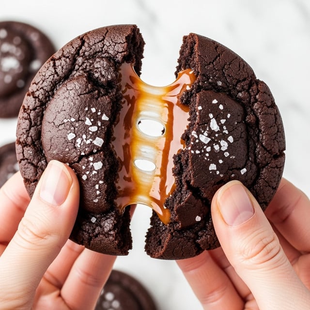 A dark brown, soft chocolate cookie is being pulled apart by a woman's hand, revealing gooey, melted caramel inside stretching between the two halves. The cookie surface looks slightly cracked with small pieces of coarse salt sprinkled on top, adding texture. The background is a white marbled texture, and the photo focuses closely on the cookie and the woman's hands holding it, showing details of the cookie's rough outside and smooth caramel center. Photo taken with an iphone --ar 4:5 --v 7