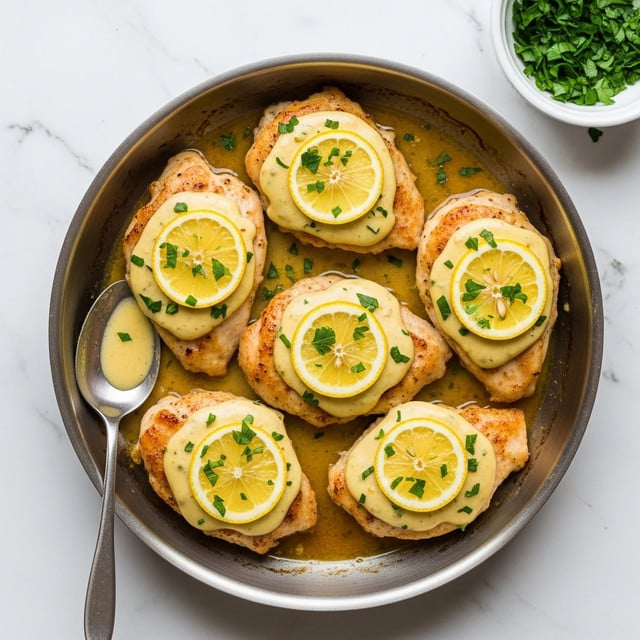 A round pan filled with five pieces of golden brown cooked chicken, each topped with a pale yellow creamy sauce sprinkled with chopped green herbs. Thin slices of lemon rest on top of each chicken piece, adding a bright yellow contrast. A spoon sits in the pan, coated with the same creamy sauce. The background shows a white marbled texture with a white bowl containing fresh chopped green herbs on the side. photo taken with an iphone --ar 4:5 --v 7