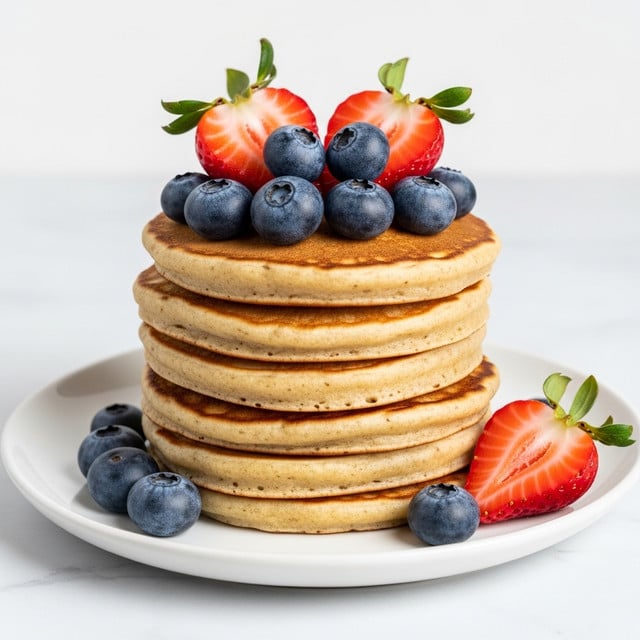 A stack of six golden brown pancakes sits centered on a white plate, each pancake showing a slightly crispy outer edge with a soft, fluffy texture inside. On top of the stack, there are two halved red strawberries with visible seeds and green leaves, surrounded by several round, plump blueberries with a matte blue skin. Some additional blueberries and one halved strawberry are placed around the base of the pancake stack on the plate. All of this rests on a white marbled surface. photo taken with an iphone --ar 4:5 --v 7