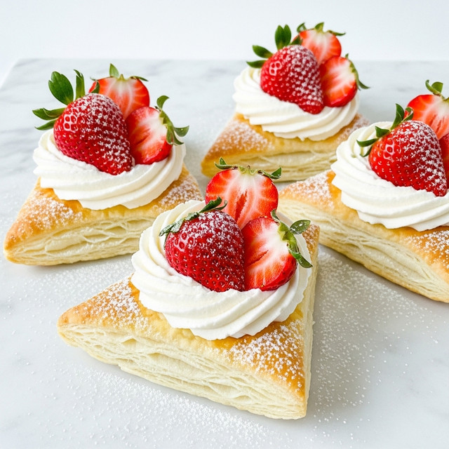 The image shows four triangular puff pastry pieces, each with about five visible light golden, flaky layers. On top of each pastry is a swirl of white whipped cream with a smooth, soft texture. Fresh red strawberries, some whole with green leaves and some cut in half, are placed on the whipped cream, adding bright red color and a juicy texture contrast. A light dusting of white powdered sugar gently covers the pastries and strawberries, sitting on a white marbled surface. photo taken with an iphone --ar 4:5 --v 7