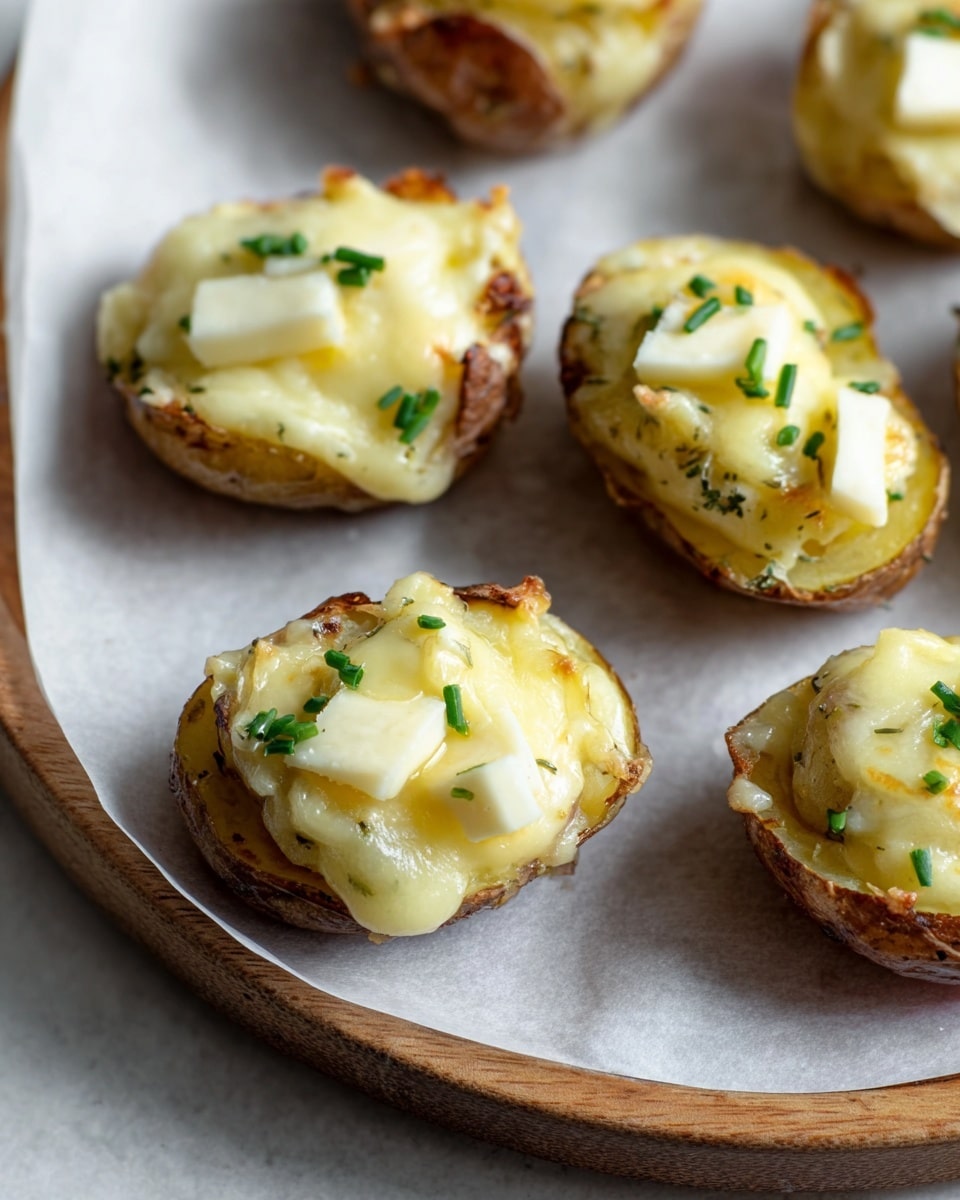 The image shows baked potato halves on a wooden round tray lined with white parchment paper. Each potato half has three layers: the bottom layer is the crispy golden potato skin, topped with a soft mashed potato filling mixed with herbs and seasoning, and the top layer is melted creamy cheese that is pale yellow with slightly browned edges. There are small pieces of white cheese slices on top of the melted cheese, and chopped green chives sprinkled over each one. The texture of the cheese looks smooth and slightly glossy, while the potatoes have a rough and golden brown texture. photo taken with an iphone --ar 4:5 --v 7