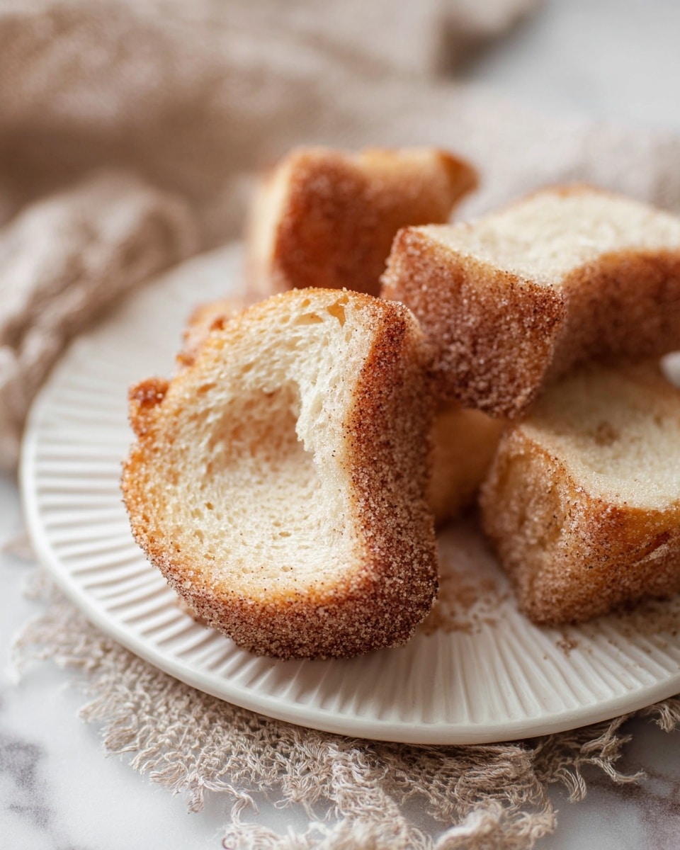 The image shows several pieces of cinnamon sugar-coated fried bread arranged casually on a white plate with a simple ridged pattern. The bread pieces are golden-brown with a rough, grainy coating of cinnamon sugar on the edges, while the inside of the bread is light beige and soft in texture. The plate sits on a white marbled surface with a beige woven cloth underneath. The focus is on the close-up texture of the cinnamon sugar coating and the soft bread, with a shallow depth of field making the background blurry. photo taken with an iphone --ar 4:5 --v 7