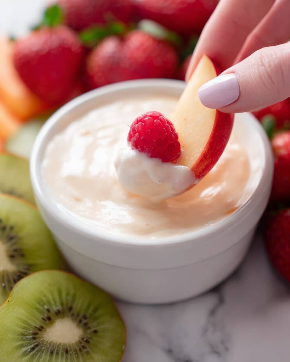 A white bowl filled with creamy, light beige yogurt topped with a single red raspberry on the surface. A woman's hand with light beige nail polish is dipping a red and yellow apple slice into the yogurt. Surrounding the bowl are fresh green kiwi slices with visible black seeds, and whole red strawberries with green leaves. The background is a white marbled texture. photo taken with an iphone --ar 4:5 --v 7