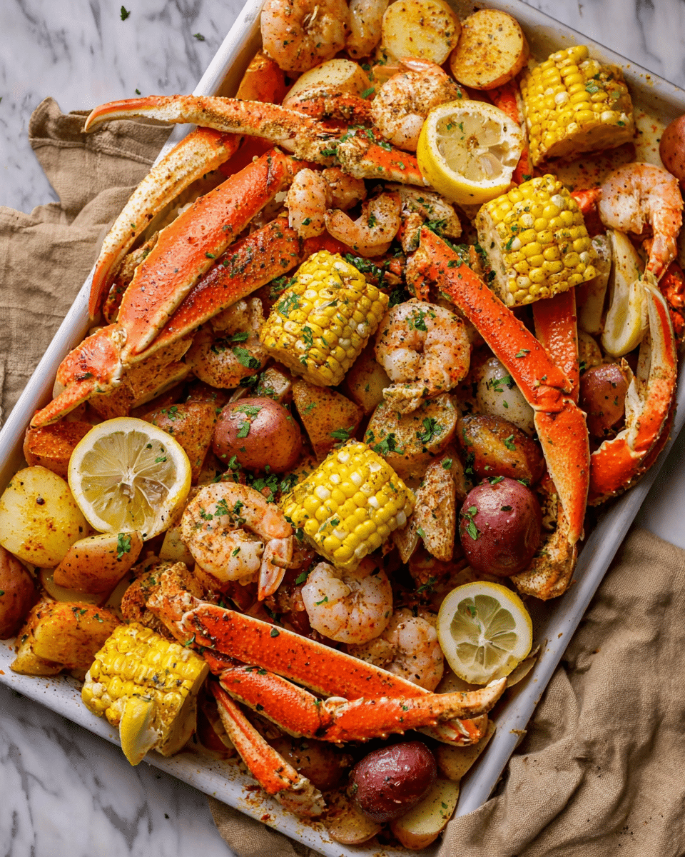 A white oval plate is filled with a seafood boil featuring several layers: the base layer has bright orange crab legs and reddish shrimp covered in green herbs and seasoning, mixed with red and yellow small potatoes scattered throughout. On top, a half piece of yellow corn on the cob with seasoning sits near two lemon wedges, one resting across the crab legs. The seafood and vegetables are glistening with a light sauce, creating a textured and colorful mix. The plate is placed on a white marbled surface covered partially with newsprint-style paper, with a glass of beer and a brown cloth napkin nearby. photo taken with an iphone --ar 4:5 --v 7