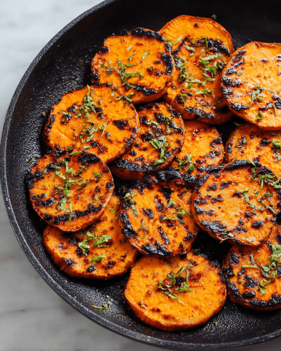A black pan holds 13 round slices of grilled sweet potatoes laid out in rows, each about the same size. The sweet potato slices have a bright orange color with dark brown to black char marks on the edges and surface, showing a crispy, slightly burnt texture. Small green herb pieces are sprinkled across the slices, adding a touch of color contrast. The pan sits on a white marbled surface, highlighting the vibrant colors of the grilled sweet potatoes. photo taken with an iphone --ar 4:5 --v 7
