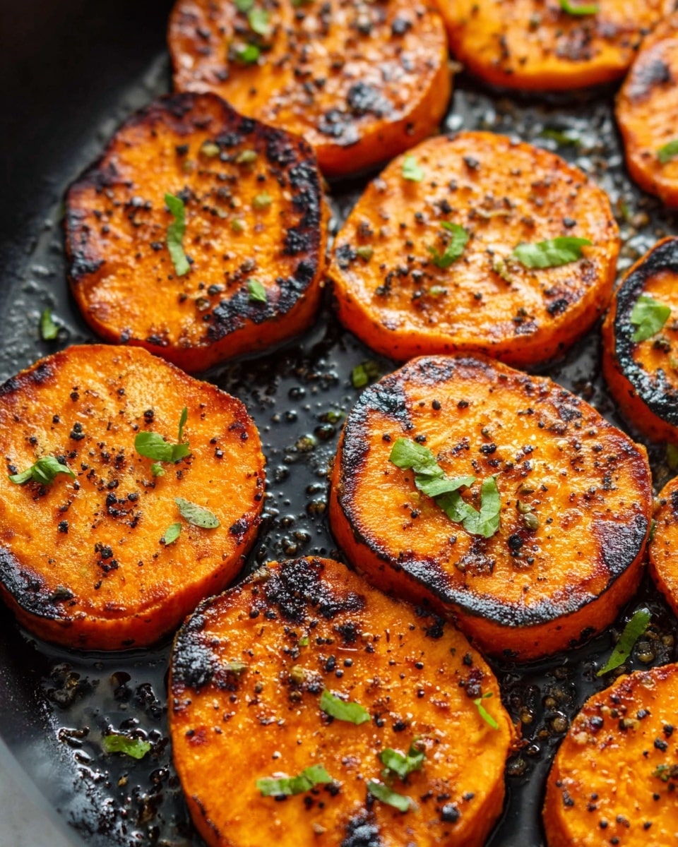 The image shows a close-up of round sweet potato slices cooked on a black pan. Each slice has a bright orange color with charred black edges and spots giving a crispy texture. The slices are sprinkled with black pepper and small green herb leaves on top, adding a fresh contrast. The sweet potatoes look shiny with a light glaze, and the pan surface has small droplets of oil around the edges of the slices. The whole scene is set on a white marbled texture. photo taken with an iphone --ar 4:5 --v 7