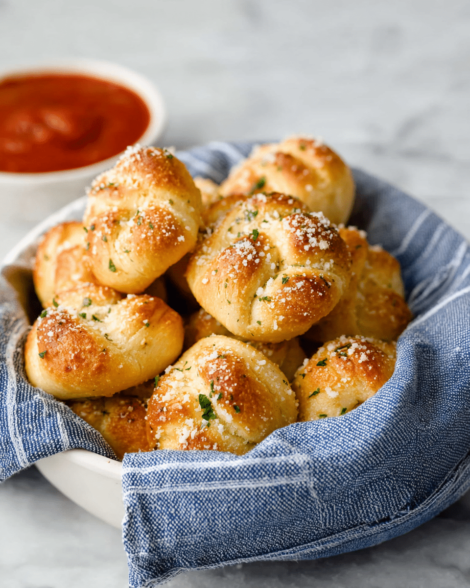 A white bowl lined with a blue and white striped cloth holds several golden-brown garlic knots, each with a soft, slightly textured surface and sprinkled with white grated cheese and small green herb bits. The knots appear fluffy with a few layered twists creating a rounded shape. In the background, there is a small bowl filled with red marinara sauce. The setting is on a white marbled surface. photo taken with an iphone --ar 4:5 --v 7