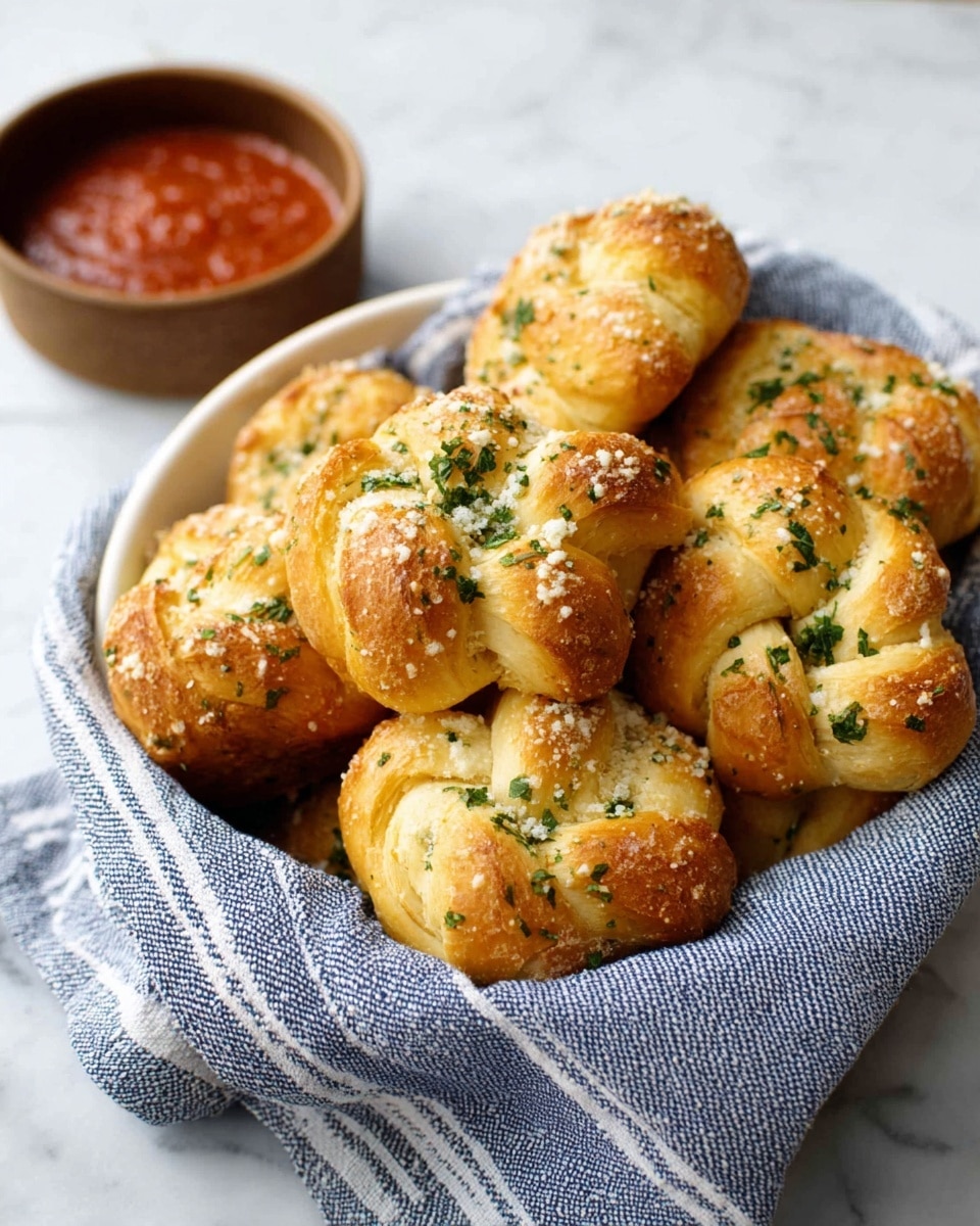 A white bowl lined with a blue and white striped cloth holds several golden-brown knotted bread rolls, each topped with green parsley bits and grated white cheese, giving a textured look on their shiny crusts. To the side, a small brown bowl with red marinara sauce is placed on a white marbled surface. Photo taken with an iphone --ar 4:5 --v 7