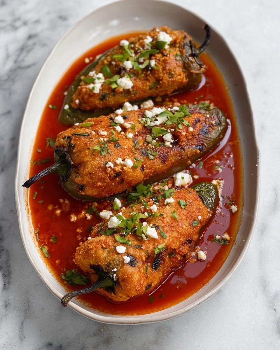 Three large stuffed peppers with a golden-brown fried coating lie on a white oval plate, each showing slight char marks and a crispy texture. The peppers sit in a pool of rich red sauce beneath them, slightly glossy and smooth. Small white cheese crumbles and scattered green chopped herbs top the peppers and sauce, adding color contrast and freshness. The plate is set on a white marbled surface, enhancing the food's warm colors. photo taken with an iphone --ar 4:5 --v 7