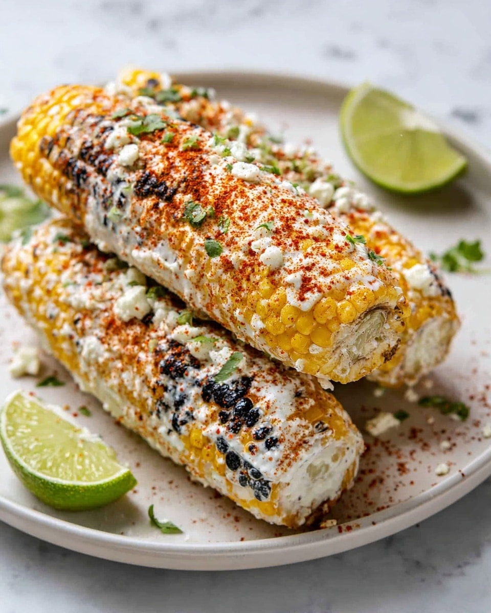 Three grilled corn cobs are shown stacked on a white plate, each covered in a creamy white sauce layer with a rough texture. The corn is golden-yellow with areas of dark brown char marks from grilling. Over the sauce, there is a dusting of red chili powder and small crumbles of white cheese scattered along the cobs. Small green herbs are sprinkled on top and around the corn. A few lime wedges are placed at the side of the plate. The plate rests on a white marbled surface, creating a clean and bright setting. photo taken with an iphone --ar 4:5 --v 7