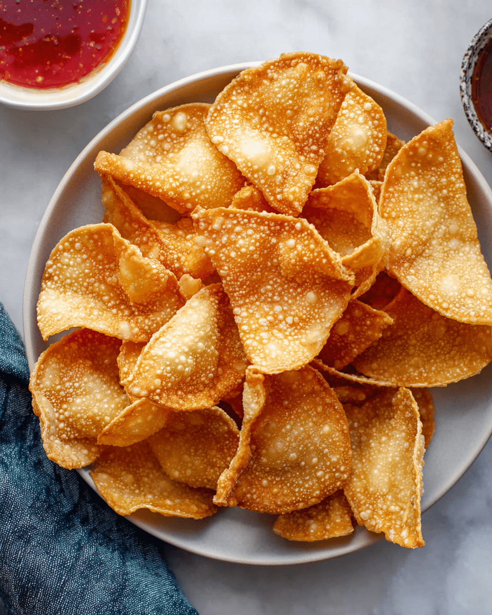A white plate filled with about ten golden-brown, crispy fried wonton chips. Each chip has a bubbled texture with slightly curled edges, showing a light and crunchy surface. The chips lie on top of each other in a casual pile, some folded over. In the corner of the image, a small white bowl with red dipping sauce is partially visible. The whole setup is on a white marbled surface with a blue and white cloth nearby. photo taken with an iphone --ar 4:5 --v 7