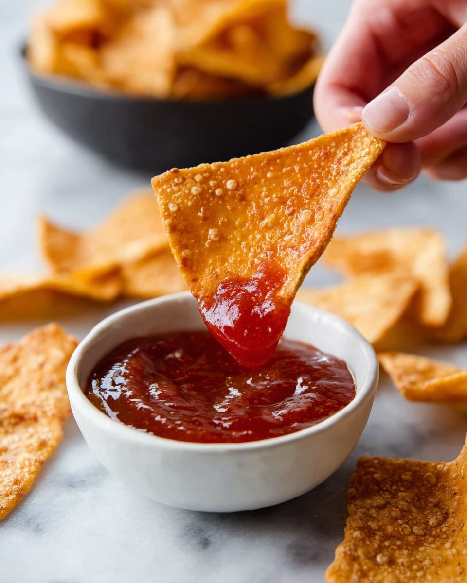 A close-up of a crisp, golden-brown triangular chip being dipped into a small white bowl filled with thick, shiny red sauce. The chip has a bumpy texture with small bubbles on its surface, and the sauce clings to its tip. The bowl sits on a white marbled surface with more chips scattered nearby and a blurred bowl full of chips in the background. A woman's hand gently holds the chip, bringing it towards the sauce. Photo taken with an iphone --ar 4:5 --v 7