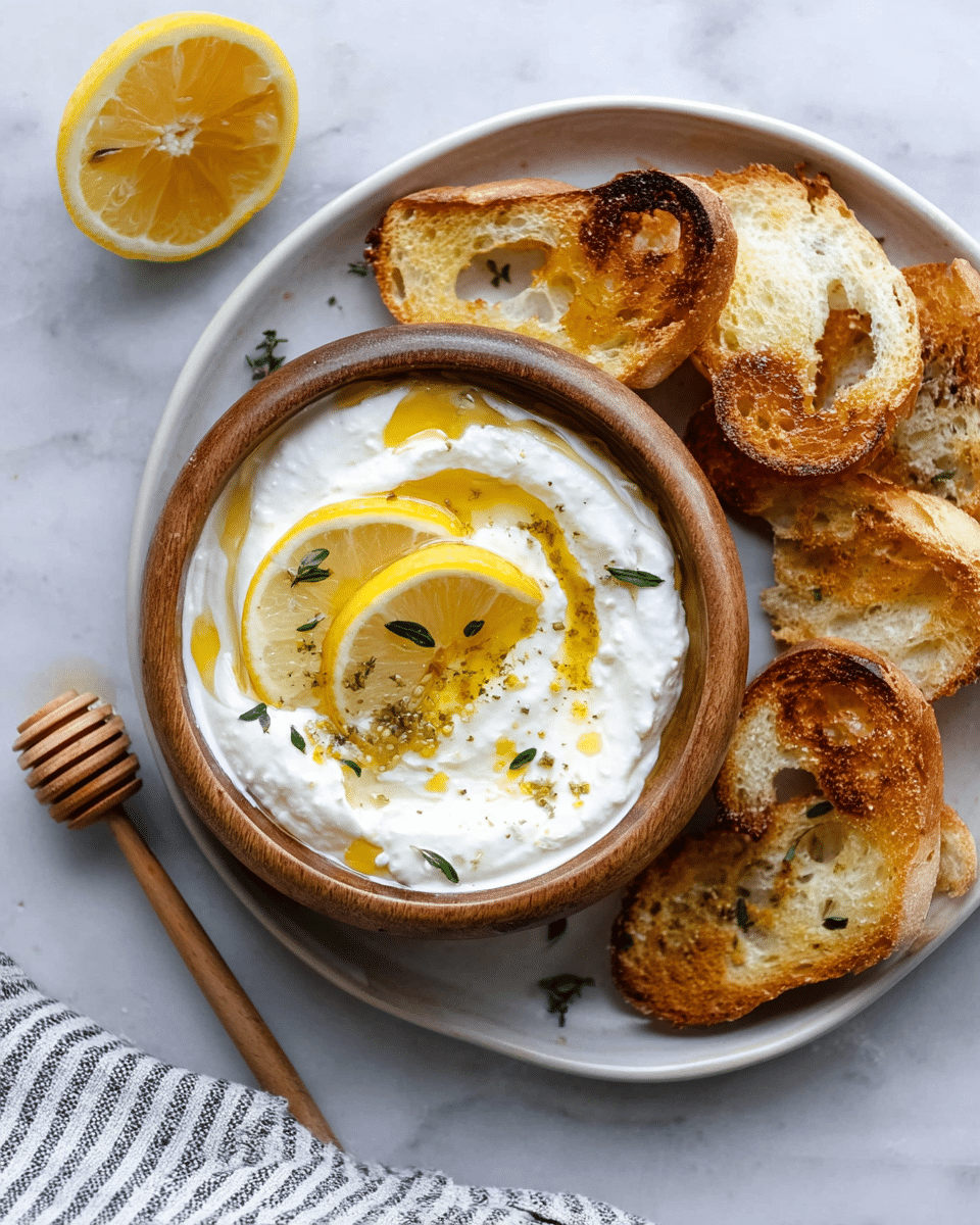 A round wooden bowl sits on a white plate with light grey edges, filled with a creamy white yogurt dip that has a smooth texture. On top of the yogurt are two thin slices of lemon partially submerged, with a drizzle of golden honey forming a swirl, and small green herb leaves scattered over. Around the bowl are several pieces of golden brown toasted bread with crispy edges and holes, arranged on the plate. To the side of the plate is a wooden honey dipper resting on the white marbled surface, next to a half lemon showing its bright yellow interior. A piece of folded striped cloth is partially visible at the bottom right corner. Photo taken with an iphone --ar 4:5 --v 7