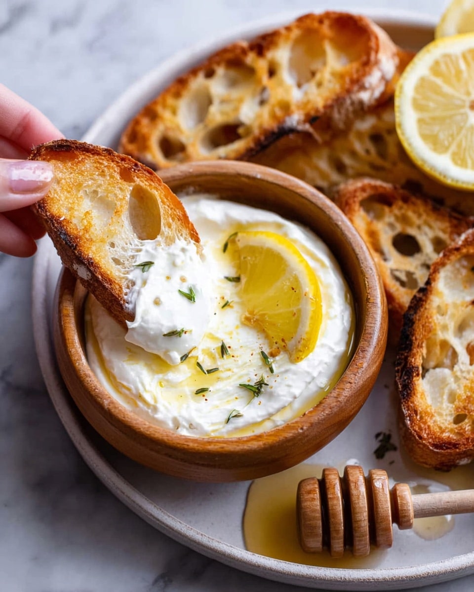 A close-up image shows a woman's hand dipping a toasted golden-brown slice of bread into a small wooden bowl filled with thick white creamy dip topped with a drizzle of golden honey and small green herb sprigs. Inside the bowl, there is also a thin lemon wedge resting on the creamy surface. The bowl sits on a round white plate, which also holds more toasted bread slices with a crispy texture and some holes. A honey dipper with honey is placed on the plate near the bottom right, and a halved lemon is partially visible at the top right. The surface underneath is a white marbled texture. photo taken with an iphone --ar 4:5 --v 7