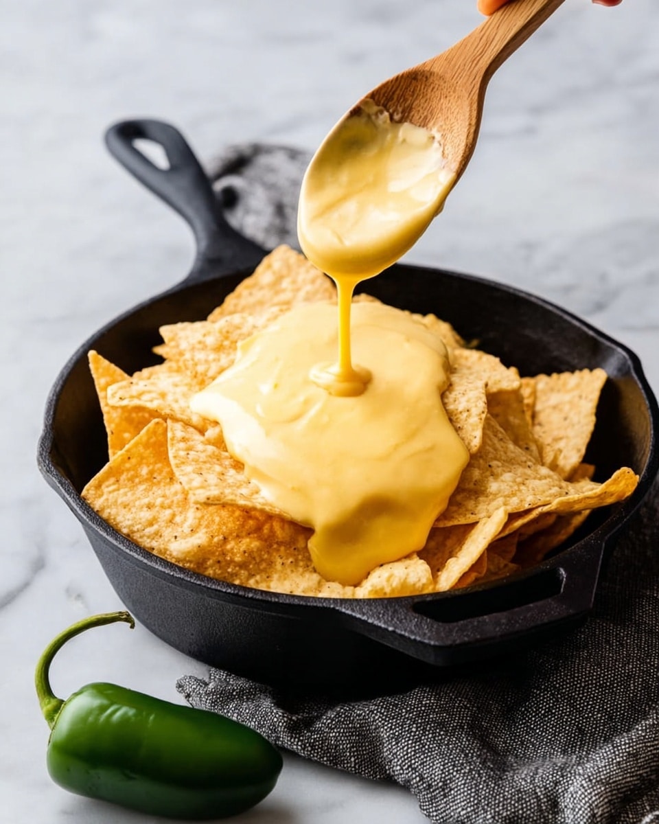 A black cast iron skillet holds a stack of crispy, light golden tortilla chips with a rough texture. A woman's hand is pouring smooth, thick, creamy yellow cheese sauce from a wooden spoon over the top layer of chips, causing the sauce to flow slowly and cover part of the chips. Below the skillet, a fresh green jalapeño pepper with a shiny surface is placed on a white marbled surface next to a grey woven cloth. photo taken with an iphone --ar 4:5 --v 7