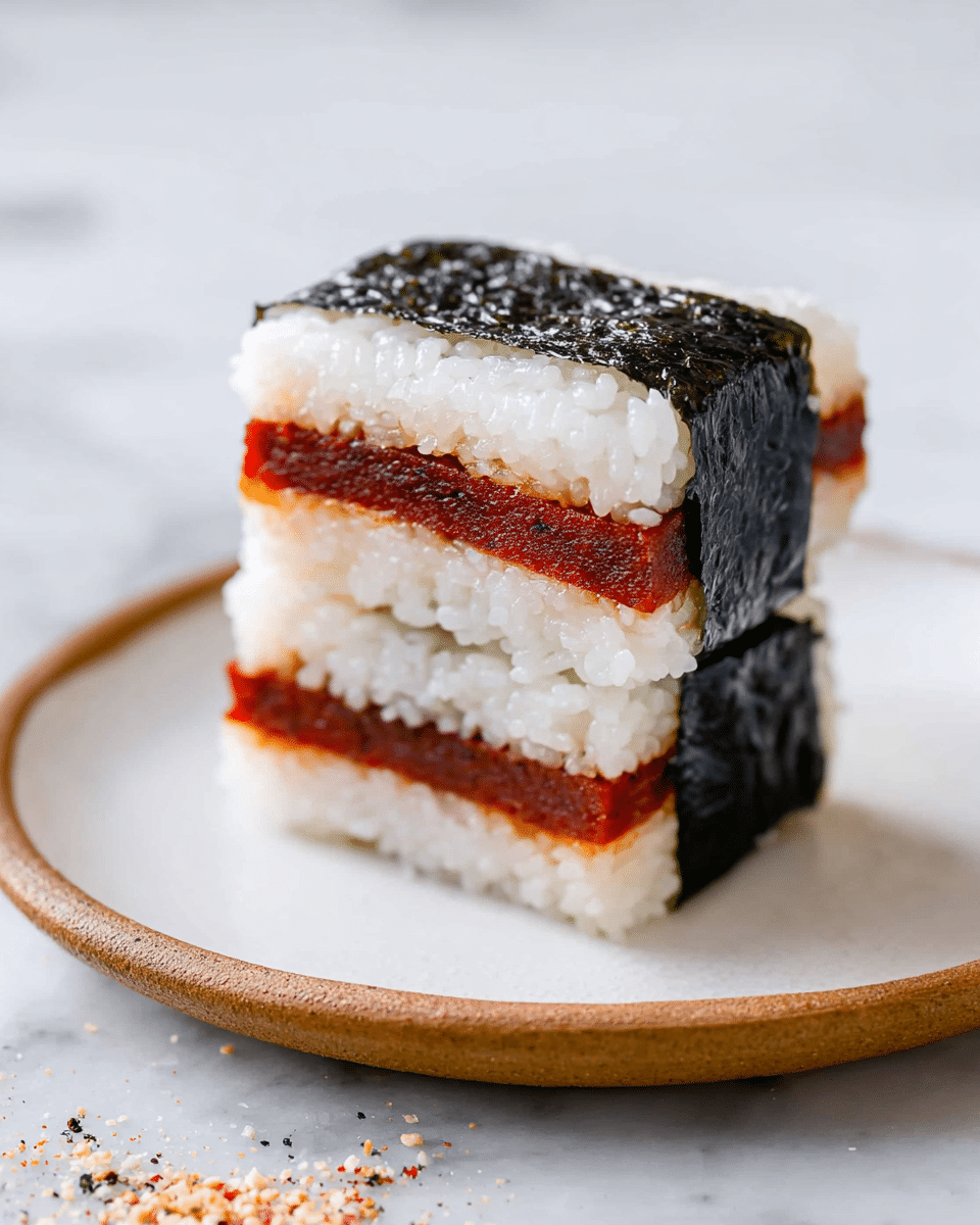 Two musubi pieces stacked on a white plate with a brown rim, each piece having three layers: a thick, rectangular base of white sticky rice, a middle layer of dark reddish-brown cooked spam, and a top layer of white sticky rice, all wrapped halfway by a dark, shiny seaweed strip. The plate rests on a white marbled surface with small bits of seasoning scattered around. The background is simple and blurred, putting focus on the musubi. photo taken with an iphone --ar 4:5 --v 7