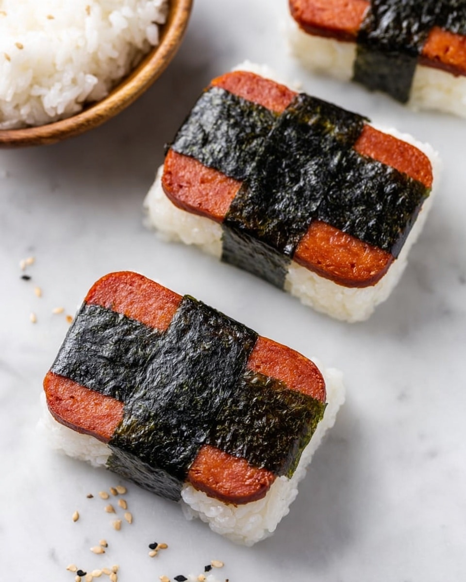 The image shows three pieces of spam musubi arranged on a white marbled surface. Each piece has three clear layers: the bottom layer is white sticky rice shaped into a small rectangle with a soft and slightly textured appearance, the middle layer is a thick slab of cooked reddish-brown spam with a smooth, slightly shiny texture, and the top layer is a dark green-black seaweed strip wrapped around the middle, holding the spam to the rice tightly with a slightly rough and crinkled surface. Small scattered white and black sesame seeds are visible around the musubi. In the upper left corner, there is a portion of white rice in a wooden bowl with a smooth finish partially shown. Photo taken with an iphone --ar 4:5 --v 7