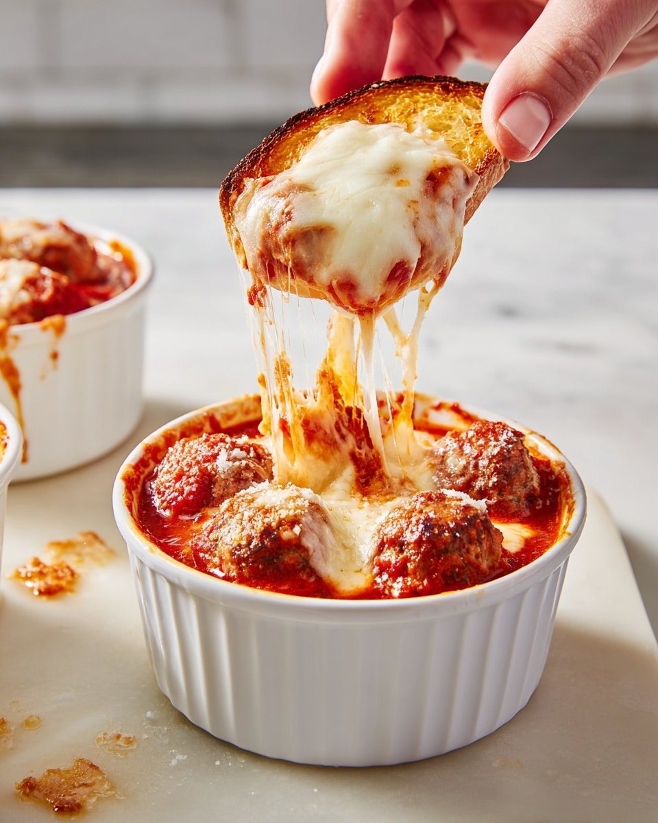 A white ramekin filled with a rich red tomato sauce as the base layer, topped with several round meatballs coated in the sauce. Above the meatballs, there is a thick, gooey layer of melted, lightly browned cheese that stretches as a woman's hand lifts a piece of toasted bread covered with the same stretchy cheese. The scene is set on a white marbled surface with some scattered crumbs and another white ramekin partly visible. Photo taken with an iphone --ar 4:5 --v 7