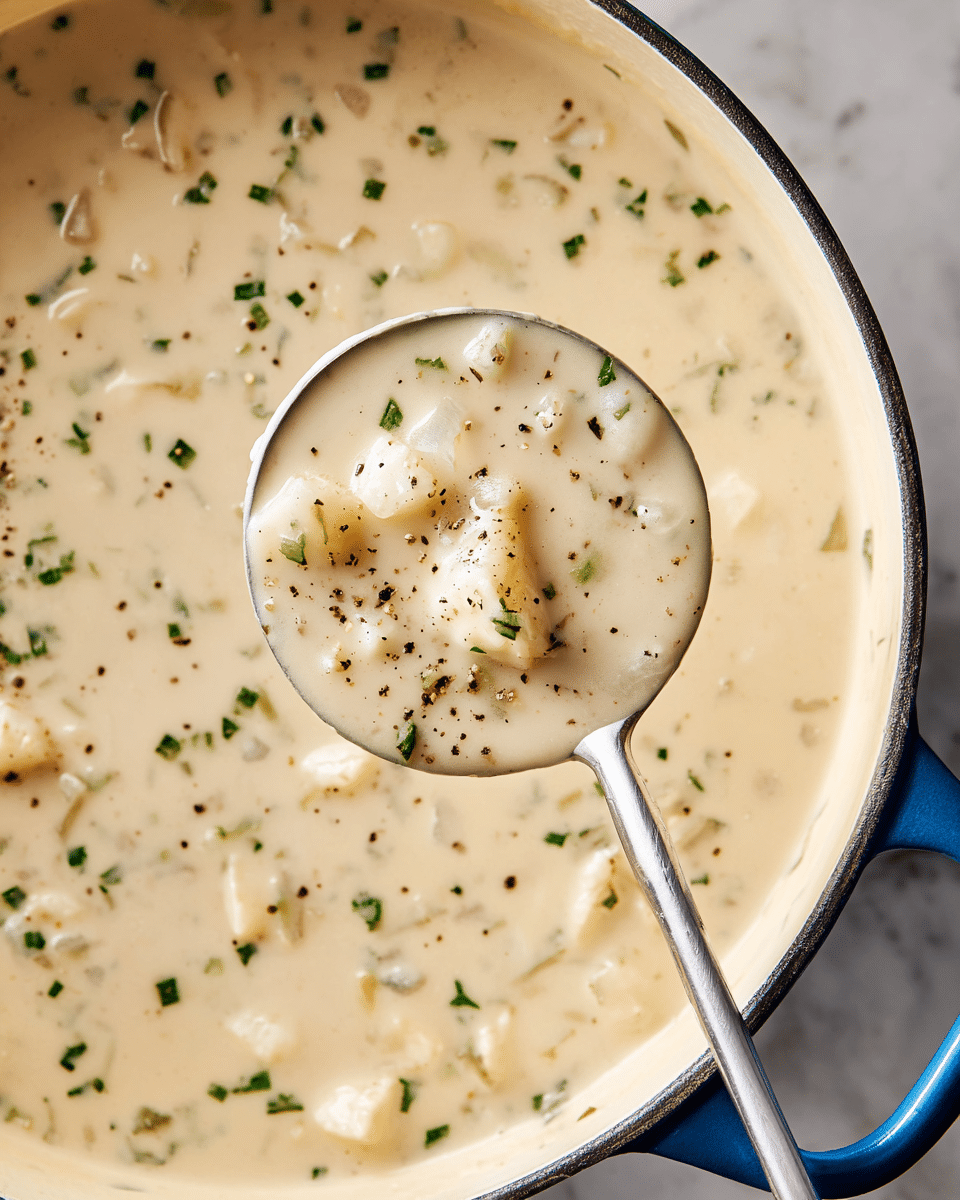 A close-up view of a creamy soup in a large white pot with a blue handle, filled with small white chunk pieces and bits of green herbs scattered throughout. The soup has a thick, smooth texture with a pale beige color. A metal ladle is lifting a scoop of soup showing the same chunky ingredients and green herb bits, dotted with small black pepper specks on the surface. The background shows a white marbled texture. photo taken with an iphone --ar 4:5 --v 7