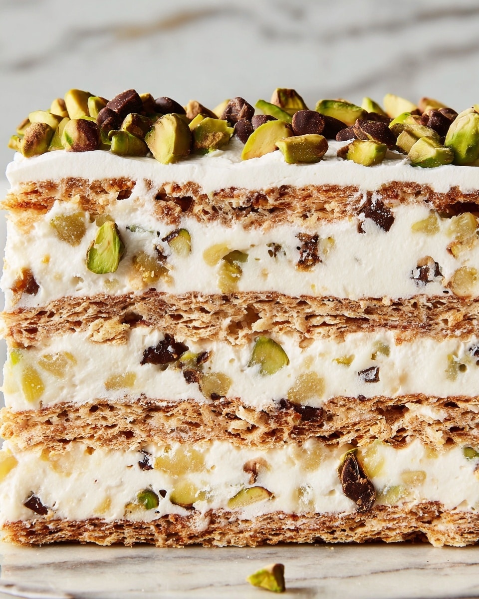 A close-up of a layered dessert with four layers of light brown crispy wafer alternating with three thick layers of creamy white filling that has small bits of green pistachios and dark chocolate fragments mixed in. The top layer is covered with white creamy frosting, sprinkled with chopped green pistachios and dark brown chocolate chips. The background shows a white marbled texture. photo taken with an iphone --ar 4:5 --v 7