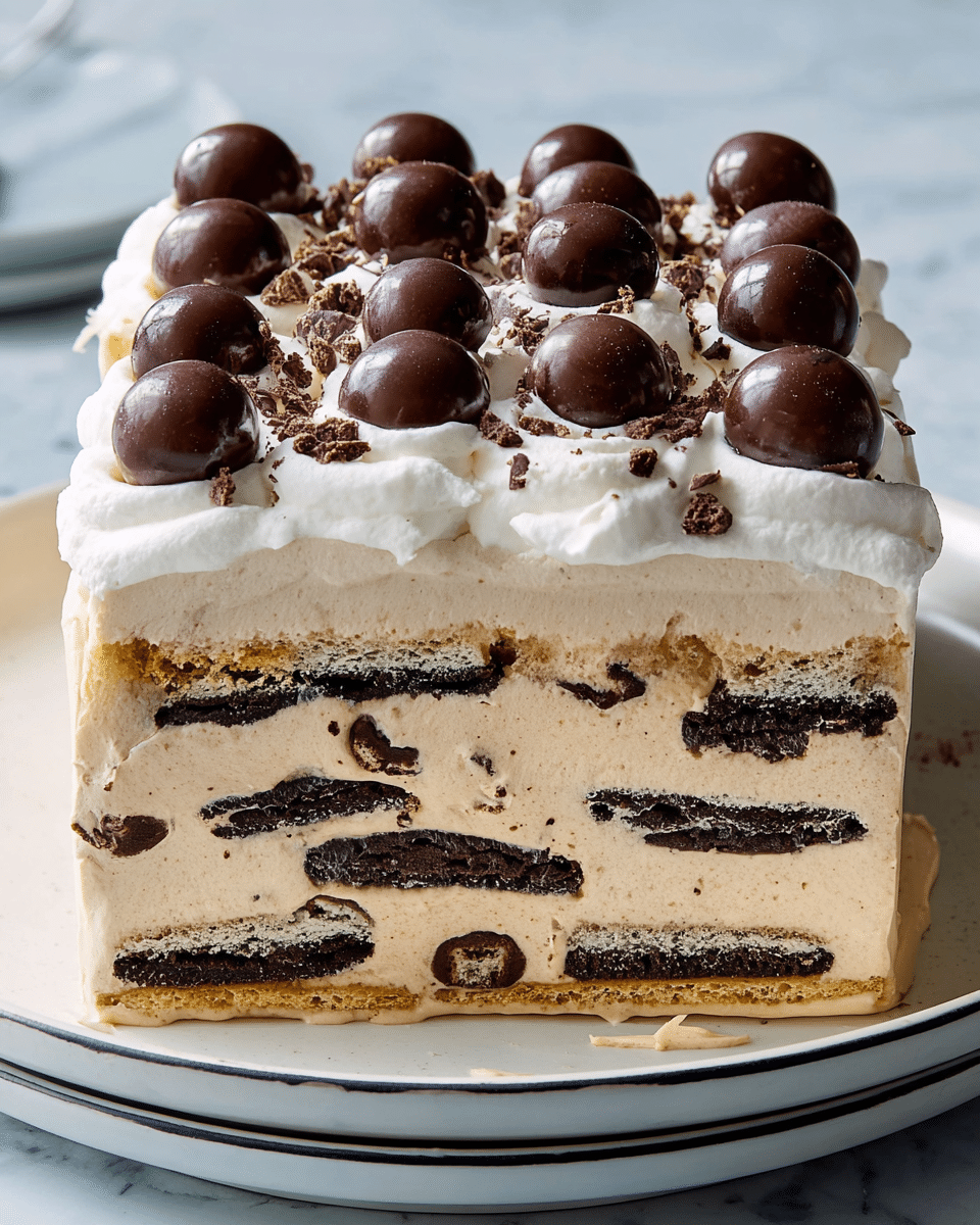 A rectangular layered dessert on a white plate with a thin black rim, placed on a white marbled surface. The bottom layer is a light brown creamy mixture with embedded dark chocolate sandwich cookies arranged horizontally in multiple rows. Above the cookie layers is a thick layer of light brown creamy mixture, topped with a generous layer of white whipped cream. Scattered evenly across the whipped cream are shiny round dark chocolate balls, adding texture and contrast. The dessert has a soft, smooth texture on the outer layers with the cookies providing a crunchy middle. photo taken with an iphone --ar 4:5 --v 7