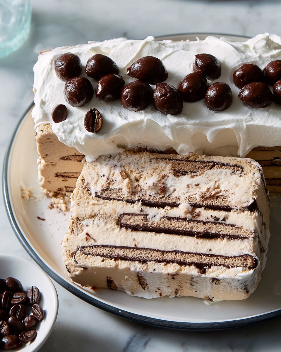 The image shows a layered ice cream dessert on a white plate with a dark rim, placed on a white marbled surface. The dessert has three visible layers: the bottom and middle layers are thick, rough-textured blocks of light brown ice cream with embedded long, dark chocolate biscuit sticks creating a striped pattern inside; the top layer is smooth white whipped cream, spread evenly, with some small, round, glossy dark chocolate-covered coffee beans scattered on it. A small white bowl with more coffee beans can be seen in the corner. Photo taken with an iphone --ar 4:5 --v 7
