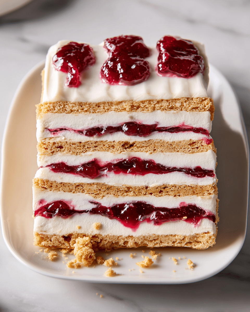 The image shows a dessert with five visible layers on a white plate with rounded edges, placed on a white marbled surface. The layers alternate between light brown cookie or biscuit layers and thick white creamy layers, each separated by a thin layer of dark red jam. On top of each slice, there is a dollop of glossy, chunky red fruit jam. The dessert appears soft and slightly crumbly with some crumbs scattered around the plate. Photo taken with an iphone --ar 4:5 --v 7