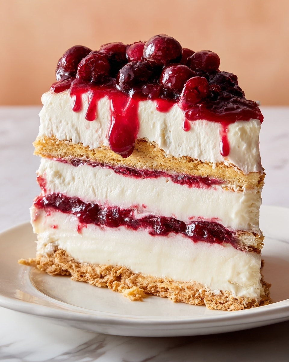 A slice of a layered dessert is shown with five main layers: the bottom layer is a rough, crumbly light brown cracker base, followed by a thick creamy white layer, then a thin but vivid deep red berry jam layer, another thick creamy white layer, a second thin light brown cracker layer, a third thick creamy white layer, a second thin red berry jam layer, and finally a top thick creamy white layer. On the very top, an uneven heap of glossy red and dark red berries with sauce spills slightly down the sides. The dessert sits on a white plate, against a white marbled surface and a soft peach-colored background. Photo taken with an iphone --ar 4:5 --v 7