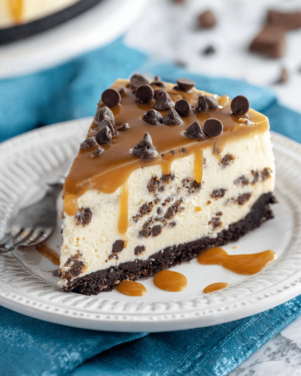 A slice of cheesecake sits on a white plate with a decorative edge, placed on a white marbled texture surface with a blue cloth underneath. The cheesecake has three layers: a dark chocolate crust at the bottom, a thick, creamy white cheesecake middle layer dotted with chocolate chips, and a smooth caramel-colored topping layer covered with more chocolate chips. There is a drizzle of caramel sauce on the plate around the slice, and a silver fork rests beside it. photo taken with an iphone --ar 4:5 --v 7