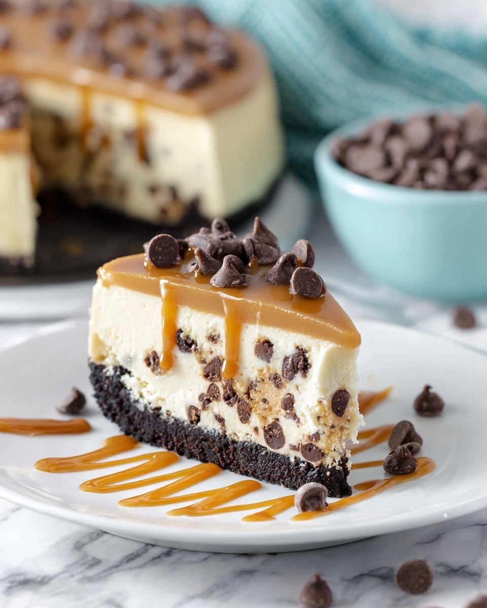 The image shows one slice of cheesecake on a white plate, with three visible layers: a dark chocolate crust at the bottom, a thick creamy off-white cheesecake layer in the middle filled with chocolate chips, and a smooth caramel or butterscotch topping layer on top, decorated with scattered chocolate chips. There are extra chocolate chips and a drizzle of caramel sauce around the plate. In the blurred background, there is a whole cheesecake and a light blue bowl filled with chocolate chips on a white marbled surface. photo taken with an iphone --ar 4:5 --v 7