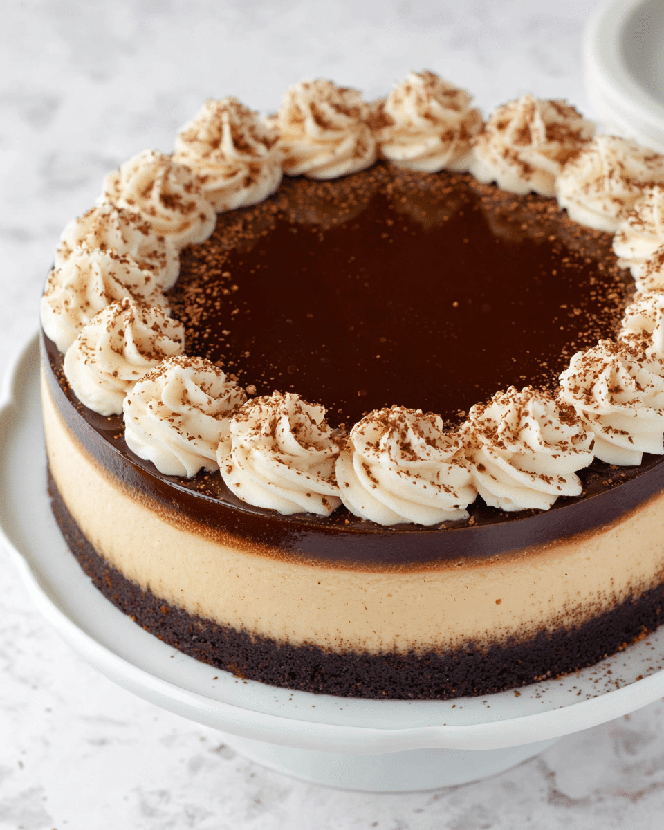 A slice of cake with three clear layers sits on a white plate with small chocolate crumbs around it. The bottom layer is dark brown and looks like a rich chocolate cake base. The middle layer is thick and light tan with a smooth, creamy texture that suggests a mousse or cheesecake. The top layer is a shiny, dark chocolate glaze, thin but glossy, covering the  entire slice. On one edge of the top, there is a swirl of white cream dusted lightly with cocoa powder. The background is soft and blurred with a white marbled surface under the plate. photo taken with an iphone --ar 4:5 --v 7
