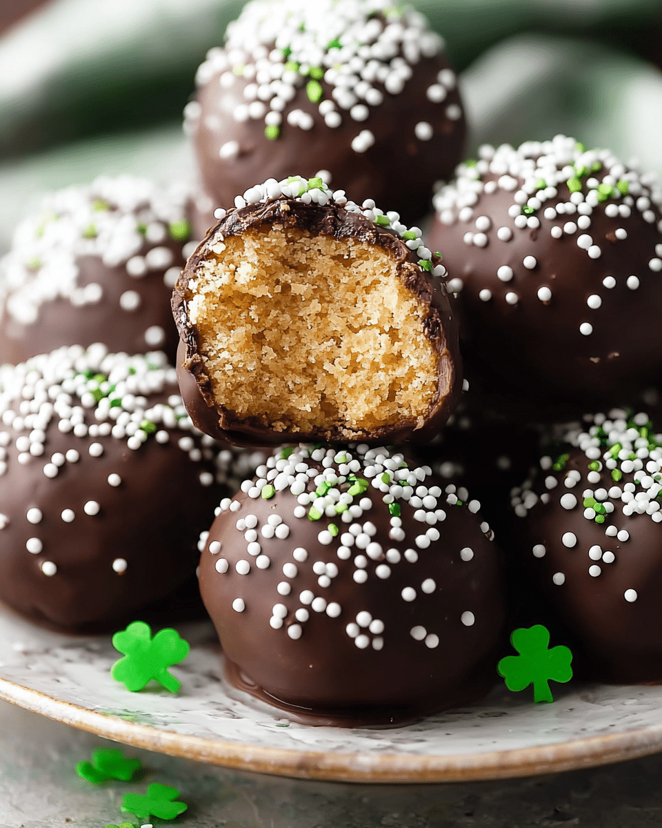 A close-up image showing several round chocolate-covered balls resting on a plate with a white marbled texture underneath. Each ball has a smooth, shiny dark chocolate coating sprinkled generously with tiny white round sprinkles. One ball is bitten into, revealing an inner layer of light golden, crumbly cake-like texture. The balls are stacked closely, and small green shamrock-shaped decorations are placed on the plate, adding a touch of color. The scene is bright and clear, capturing the texture of both the chocolate and the cake inside. photo taken with an iphone --ar 4:5 --v 7