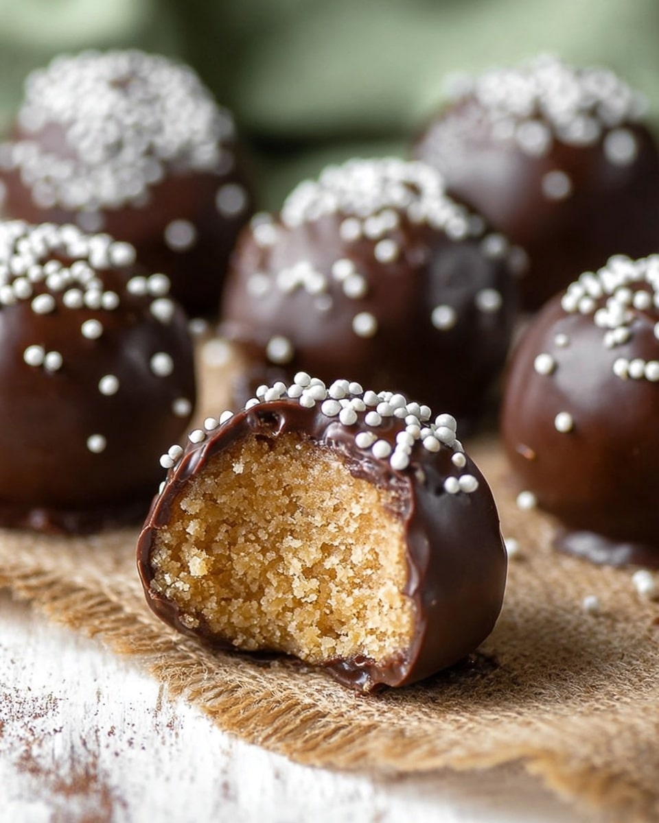 The image shows round dessert balls placed on a rough textured mat, each covered in a thick layer of dark chocolate with small white round sprinkles scattered on top. One ball is bitten, showing a dense, moist beige inside with a crumbly texture. The chocolate coating is smooth and shiny, evenly covering the interior layer. The background is blurry with green and light brown tones on a white marbled texture. Photo taken with an iphone --ar 4:5 --v 7