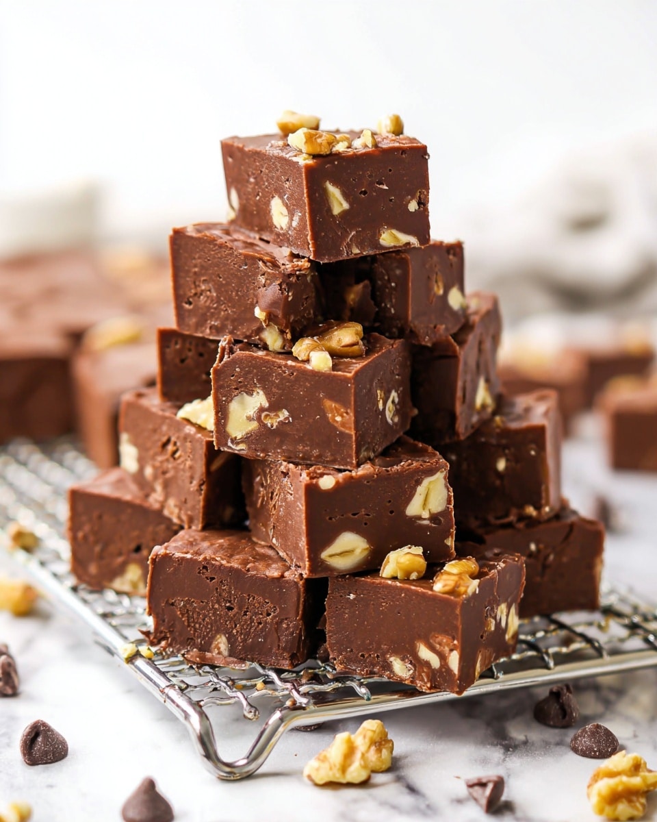 The image shows several square pieces of chocolate fudge with a smooth, slightly shiny surface, scattered on a metal cooling rack placed on a white marbled texture. Each fudge piece has small chunks of light brown walnuts embedded on top and inside, giving texture and contrast to the deep brown chocolate. In the background, there are two white bowls, one filled with dark chocolate chips and the other with walnuts, slightly blurred to keep focus on the fudge. Photo taken with an iphone --ar 4:5 --v 7