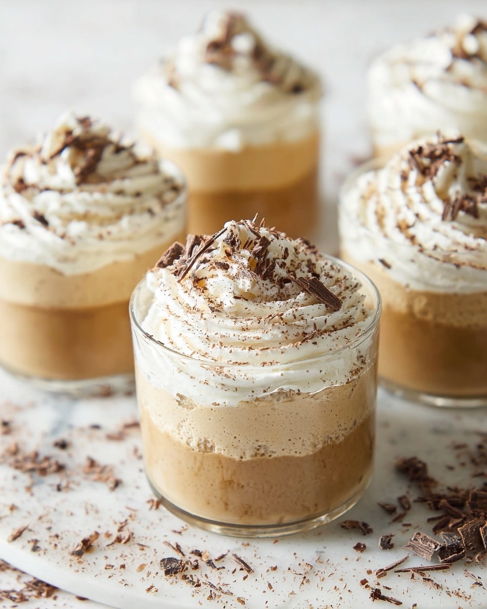 The image shows four clear glass cups filled with a three-layer creamy dessert placed on a white plate with a white marbled texture underneath. Each dessert has a thick pale beige bottom layer, a slightly lighter middle layer with a smooth texture, and a top layer of whipped cream swirled in a circular pattern. The whipped cream is decorated with thin dark brown chocolate shavings scattered on top and around the plate. The overall look is soft and creamy with a mix of beige and white colors accented by the dark chocolate pieces. photo taken with an iphone --ar 4:5 --v 7