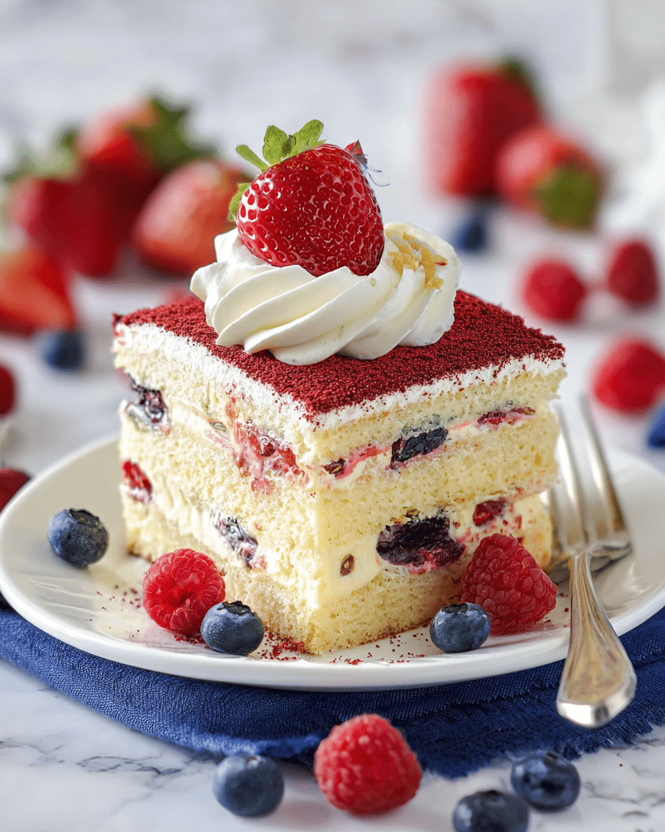 A square layered dessert sits on a white plate with red sprinkles scattered around its base. The bottom layer is a light sponge cake soaked with a pale pink liquid and mixed with small pieces of red berries. Above this is a thick layer of creamy pale yellow custard with visible chunks of red strawberries and a few dark blueberries embedded inside. The next layer repeats the light sponge cake with more berries inside, topped again with a thick custard layer. The surface is dusted with fine red powder. On top of the dessert is a swirl of white whipped cream crowned with a fresh half strawberry with green leaves. The plate rests on a folded blue cloth against a white marbled background, and in the blurred background, more servings of the dessert are visible. Photo taken with an iphone --ar 4:5 --v 7