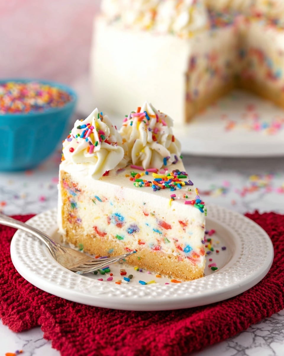 The image shows a close-up of a two-layer round cake on a white plate. The bottom layer is thick, light golden with visible colorful sprinkles mixed in, giving it a crumbly texture. The top layer is creamy white with subtle sprinkles inside, smooth and even. On top of the cake, there is a ring of white whipped cream swirls, each decorated with multicolored sprinkles. Extra sprinkles are scattered around the base of the cake on the white plate. The whole setup is on a white marbled surface with a red cloth underneath the plate. Photo taken with an iphone --ar 4:5 --v 7