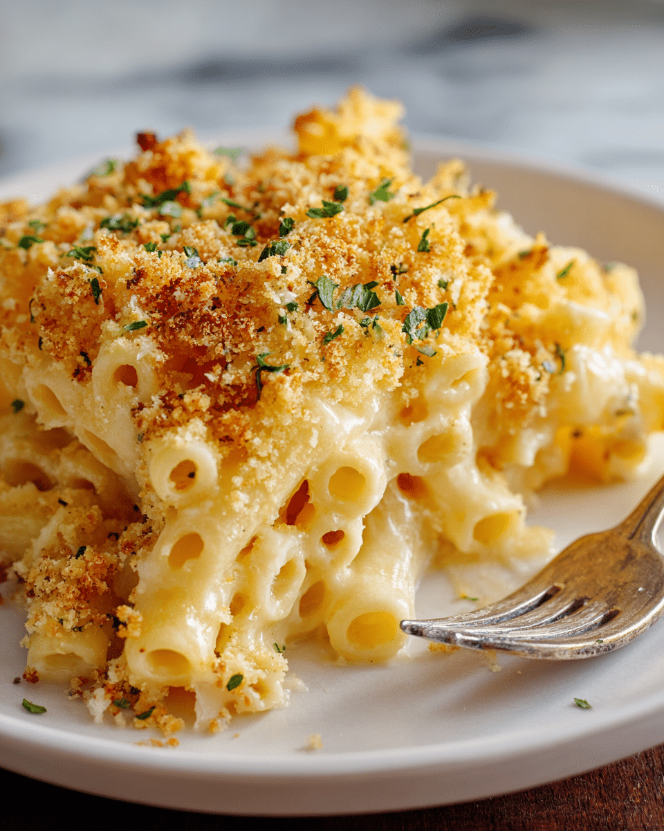 A close-up of a creamy mac and cheese portion on a white plate, showing tubular pasta covered in smooth, melted pale yellow cheese. The top layer is golden and crunchy with toasted breadcrumbs mixed with finely chopped green herbs. Small bits of browned cheese peek through the crumb topping. A silver fork rests on the plate’s edge, and a white marbled texture is visible in the background. photo taken with an iphone --ar 4:5 --v 7