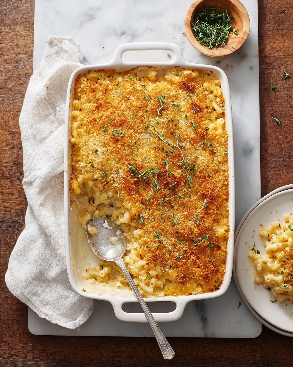 A baked macaroni and cheese dish is shown in a white rectangular casserole dish with handles on both ends. The top layer is golden brown with a crispy breadcrumb crust, sprinkled with small green herb leaves. Underneath is creamy, light yellow macaroni and cheese, creamy with pasta shapes visible near the removed portion on the left. A large metal spoon rests inside the dish. Next to the casserole is a white folded cloth napkin, a small wooden bowl with green herbs, and a white plate on the right with a portion of macaroni and cheese, revealing a soft and cheesy texture with a slightly browned top. The entire setup is on a white marbled textured surface. Photo taken with an iphone --ar 4:5 --v 7