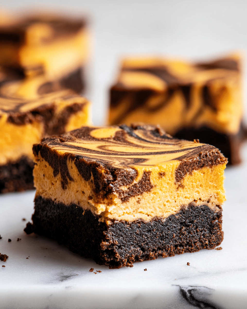 The image shows a close-up of a single square piece of a dessert bar with three layers, placed on a white marbled surface. The bottom layer is a dark, crumbly brownie crust that looks dense and chocolatey. The middle layer is thick and creamy with a smooth, light orange color, suggesting a pumpkin or sweet potato filling. The top layer is a marbled mix of the same light orange filling with dark chocolate swirls, creating a wavy, textured pattern. There are more pieces blurred out in the background. photo taken with an iphone --ar 4:5 --v 7