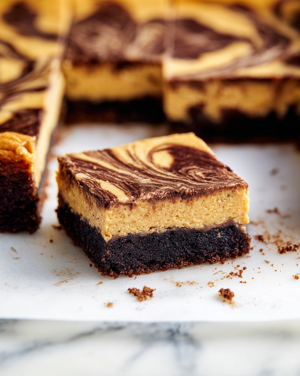 The image shows a close-up of a square dessert cut into smaller squares, with one piece slightly pulled out to reveal three layers: the bottom layer is a dark, crumbly chocolate crust, the middle layer is a thick, smooth, golden-brown filling, and the top layer is a creamy, light-brown surface with dark chocolate swirls creating a marbled effect. The dessert is placed on a white marbled surface, with a few crumbs scattered nearby. Photo taken with an iphone --ar 4:5 --v 7
