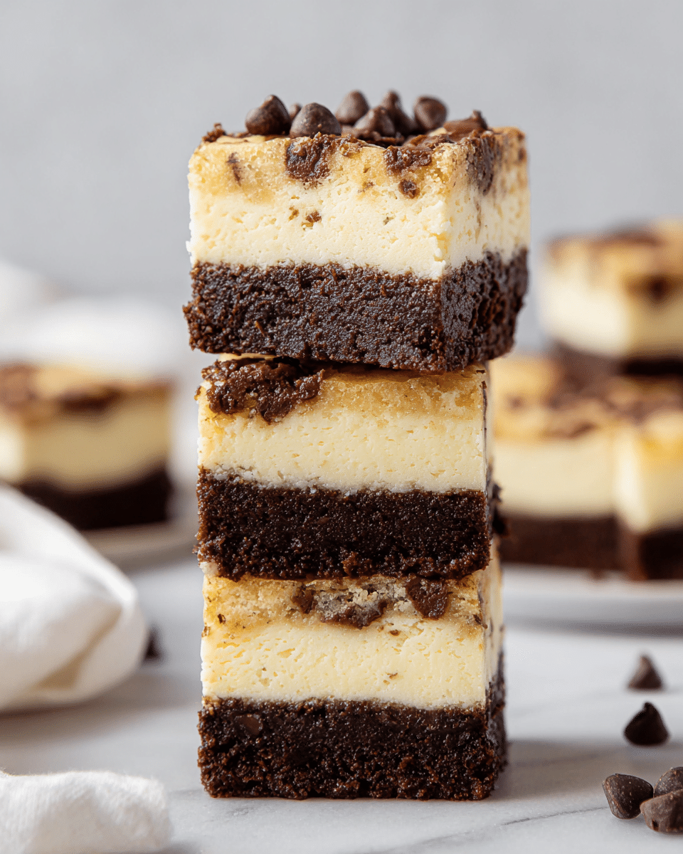 A stack of three square dessert bars is shown, each with three distinct layers. The bottom layer is a thick, dark brown, dense brownie layer with a slightly crumbly texture. The middle layer is a creamy, soft, pale yellow cheesecake layer that is smooth and thick. The top layer is a lighter cookie dough layer with scattered small chocolate chips, showing a golden-brown color and soft, slightly crumbly texture. The bars are arranged vertically on a white marbled surface, with blurred dessert bars and a white cloth in the background. Photo taken with an iphone --ar 4:5 --v 7