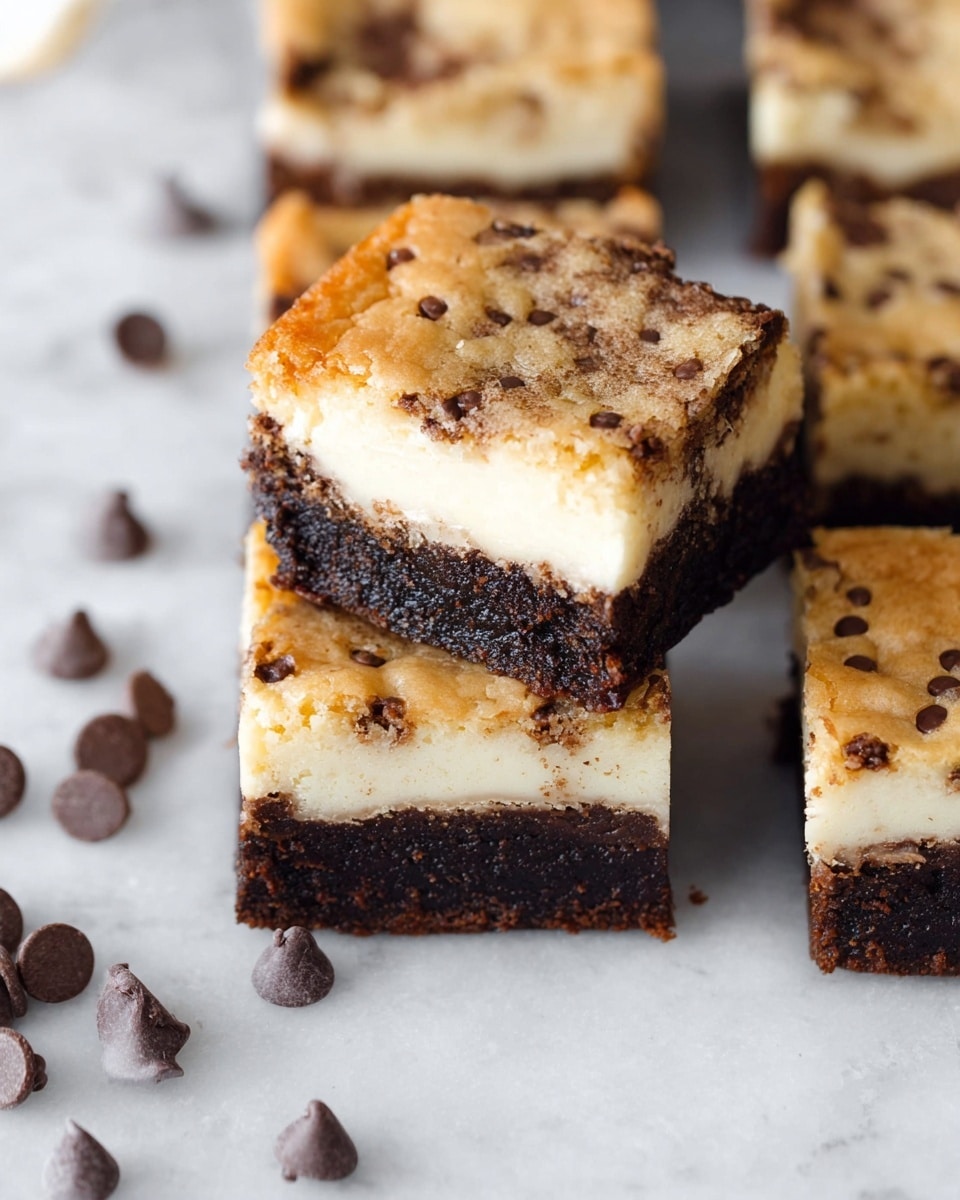 This image shows several square dessert bars on a white marbled surface. The bars have three visible layers: the bottom layer is dark brown and dense like a chocolate brownie, the middle layer is light cream in color with a smooth, creamy texture, and the top layer is golden brown with a crackled cookie crust dotted with small chocolate chips. One bar is turned to show the side layers clearly, while the others display the tops. Scattered chocolate chips can be seen around the bars on the surface. photo taken with an iphone --ar 4:5 --v 7