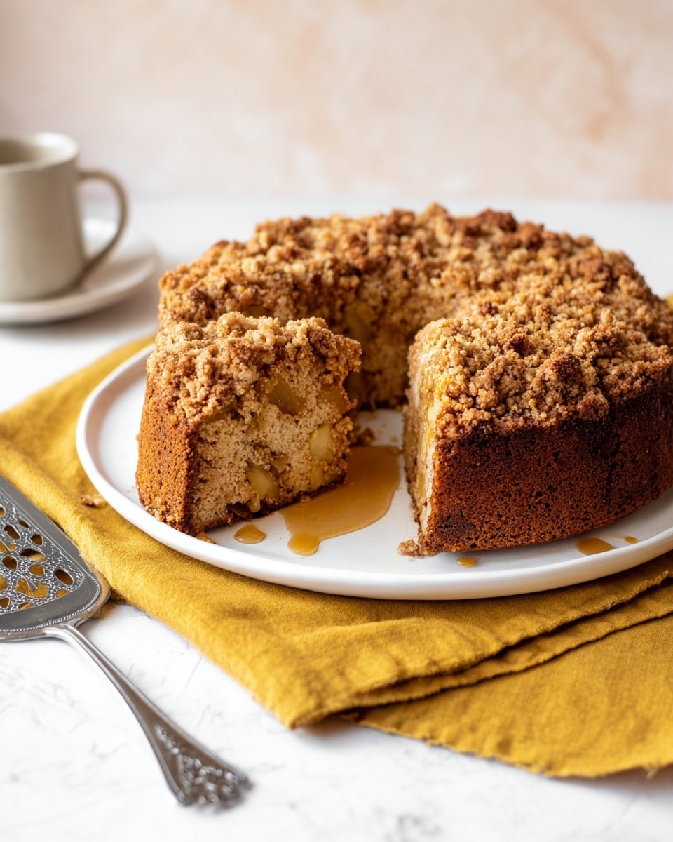 A round coffee cake with crumbly golden-brown streusel topping that looks crunchy, the cake itself is light brown with visible small chunks of fruit inside, sliced to show the texture and layers clearly, with some syrup or glaze dripping slightly down the sides. It sits on a white plate placed on a mustard yellow cloth napkin on a white marbled surface, next to a silver cake server with cut-out decorative shapes, adding a simple, cozy setting. Photo taken with an iphone --ar 4:5 --v 7