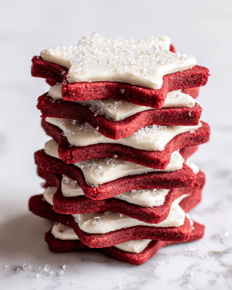 A tall stack of ten red star-shaped cookies is shown on a white marbled surface, each cookie separated by a thick layer of white frosting. The frosting has a slightly rough texture and is sprinkled with large, clear sugar crystals that sparkle in the light. The cookies have a smooth, lightly cracked surface and a rich red color, creating a strong contrast with the white frosting. The layers are unevenly aligned, giving the stack a charming, homemade look. photo taken with an iphone --ar 4:5 --v 7