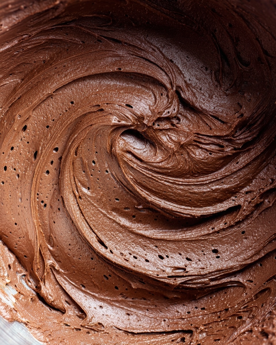 A close-up image of a bowl filled with smooth, thick chocolate frosting that has been freshly mixed, showing swirls and soft peaks with a glossy texture. The chocolate is dark brown with tiny air bubbles scattered throughout, and the frosting looks rich and creamy, covering most of the inside of the bowl evenly with visible ridges and curls made by mixing. Photo taken with an iphone --ar 4:5 --v 7