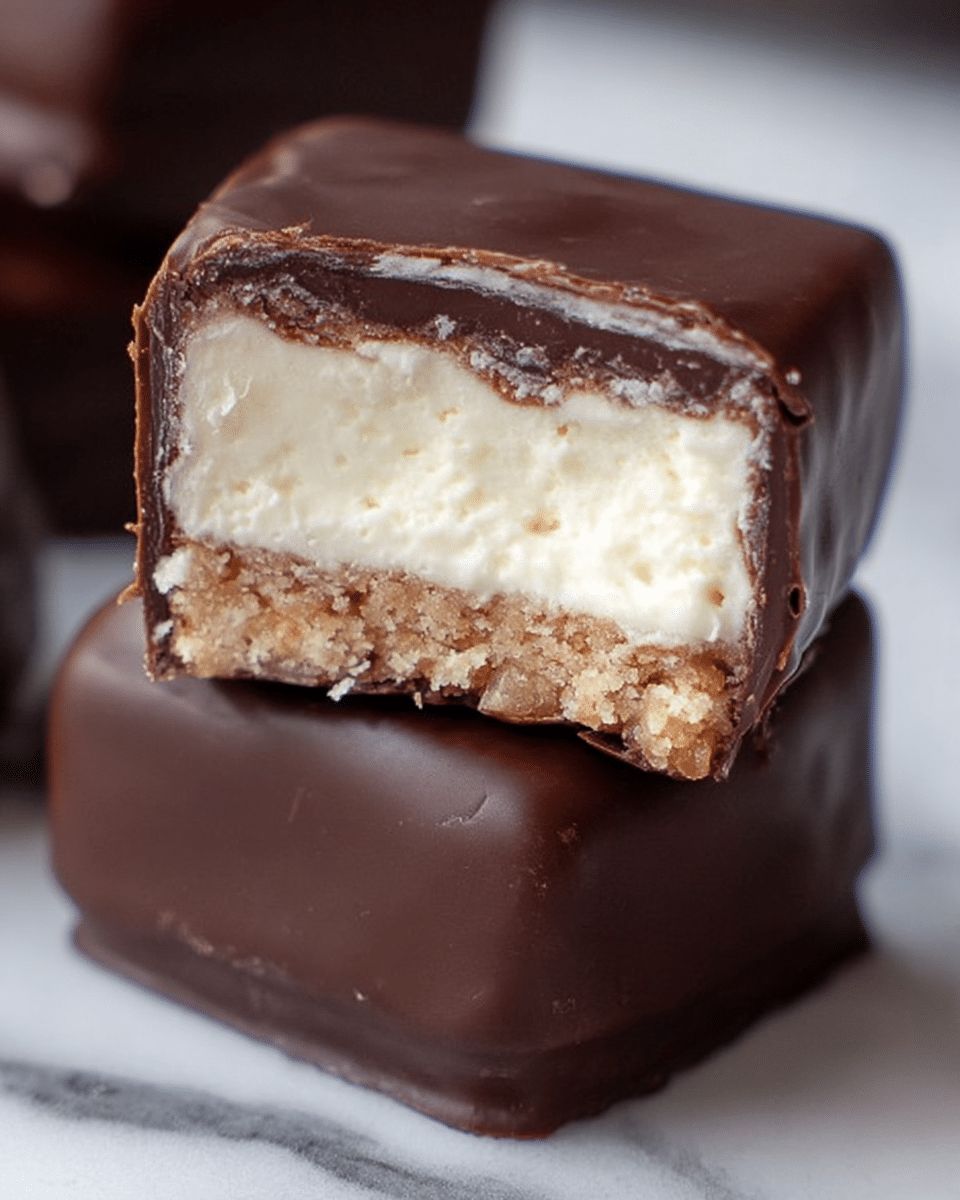The image shows a close-up of a small square chocolate treat cut in half, revealing three clear layers. The top layer is a thick, dark glossy chocolate shell with a smooth texture. Inside, the middle layer is a thick, creamy off-white filling that looks soft and fluffy. The bottom layer is a light brown crumbly base with a slightly rough texture. The chocolate treat is resting on top of another piece with the same dark chocolate coating, and everything is placed on a surface with a white marbled texture. Photo taken with an iphone --ar 4:5 --v 7
