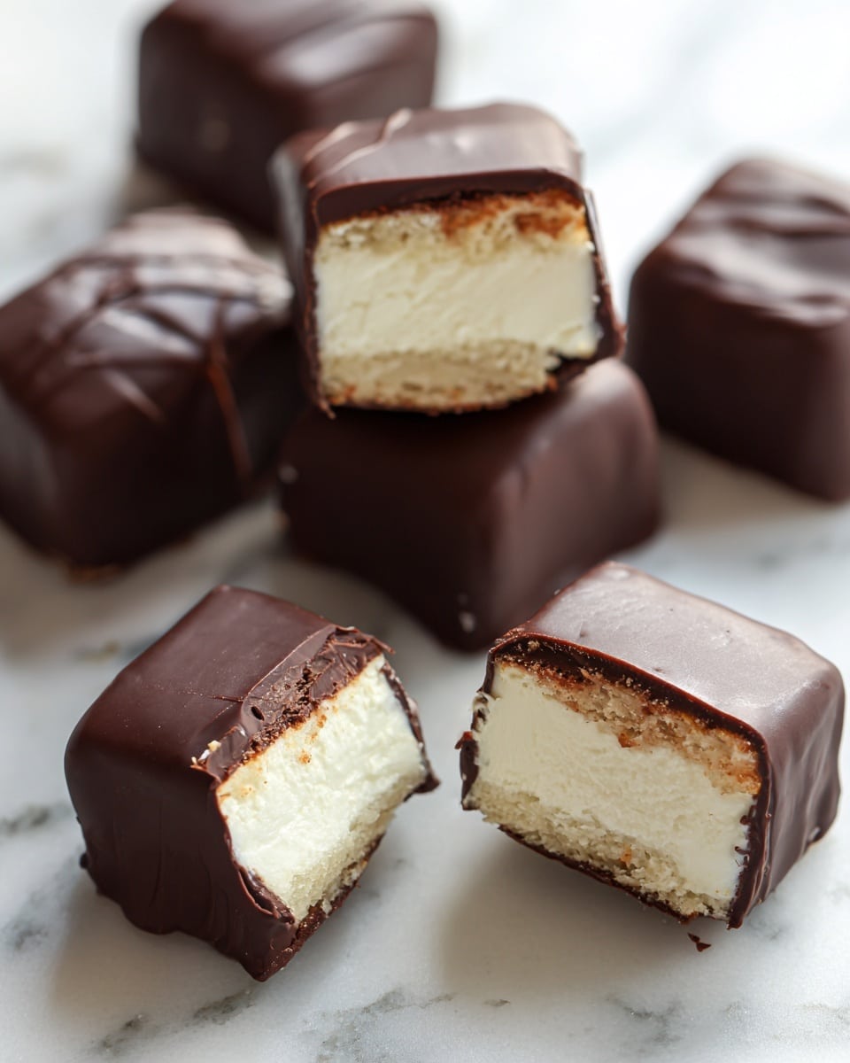 The image shows several small square treats covered in smooth dark brown chocolate. One treat is cut in half in the front, revealing three layers inside: a thick white creamy center, a thin light brown crumbly layer just below it, and a thin dark chocolate coating on the outside. The treats are placed on a surface with a white marbled texture. Photo taken with an iphone --ar 4:5 --v 7